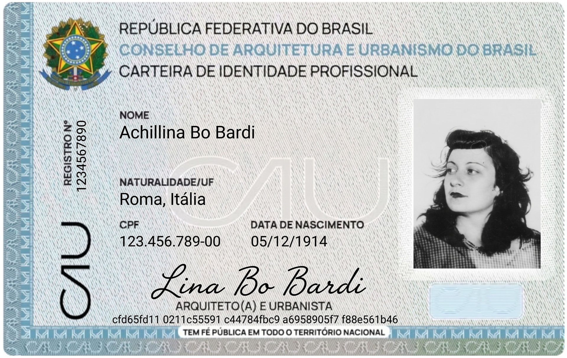 NOVA CARTEIRA DE IDENTIDADE PROFISSIONAL DO CAU — frente, com dados de demonstração
